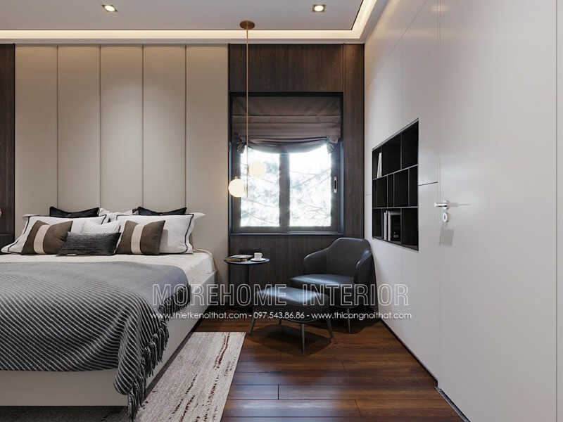 Cửa sổ cùng rèm chắn được thiết kế ngay đầu giường giúp không gian ngủ luôn được thông thoáng những vẫn giữ được sự kín đáo cần thiết. Mẫu nội thất biệt thự đẹp