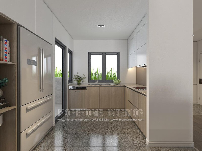 Trang trí nội thất phòng bếp chung cư nhỏ với tủ bếp gỗ công nghiệp Tủ bếp gỗ công nghiệp và tủ bếp acrylic