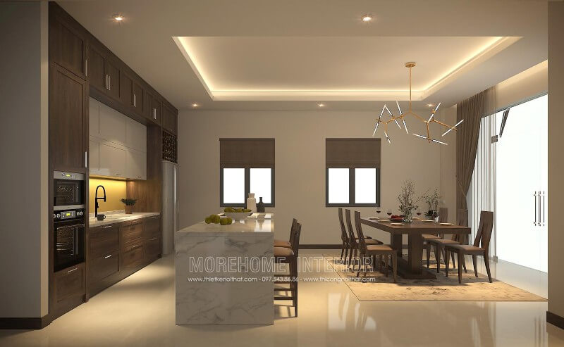 Thiết kế tủ bếp gỗ óc chó kết hợp Acrylic với gam màu lạ mắt là sự lựa chọn lý tưởng cho các không gian nhà bếp mà vẫn toát lên vẻ sang trọng, đẳng cấp Tủ bếp màu nâu