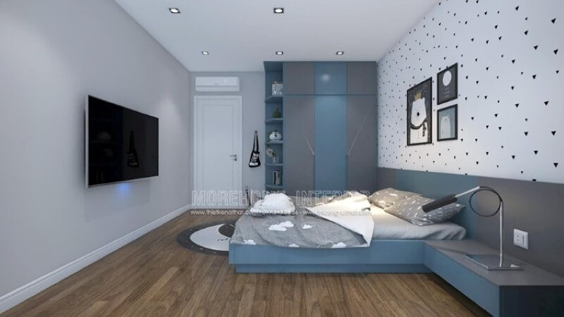 Tủ quần áo liền kệ để đồ sẽ là gợi ý ấn tượng để phòng bé luôn được gọn gàng ngăn nắp. Thiết kế chung cư