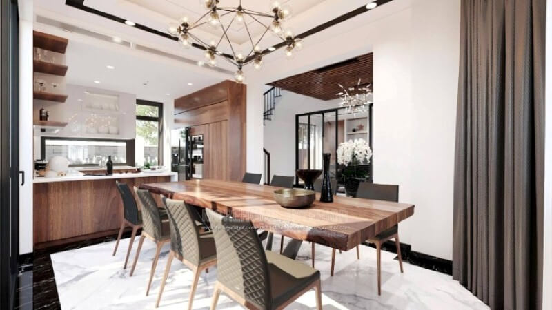 Sẽ là một gợi ý tuyệt vời với sự có mặt tủ bếp gỗ óc chó veneer trầm ấm kết hợp gam màu trắng sáng, long lanh từ tủ bếp trên gỗ công nghiệp An Cường acrylic và mặt bàn bếp đá nhân tạo. Sự tương phản giữa 2 sắc màu sẽ là ý tưởng tuyệt vời cho thiết kế nội thất phòng bếp hiện đại cho không gian nhà phố, biệt thự. Thiết kế tủ bếp biệt thự sang trọng