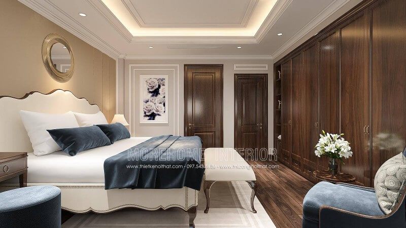 Mẫu tủ quần áo kết hợp kệ trang trí được thiết kế kịch trần gỗ tự nhiên mang lại căm giác căn phòng được rộng thoáng và sang trọng