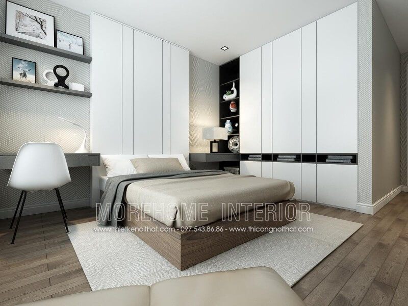 Giường ngủ màu nâu được gia chủ bố trí ở chính giữa căn phòng, tạo điểm nhấn cho phòng ngủ trở nên ấn tượng, cuốn hút hơn