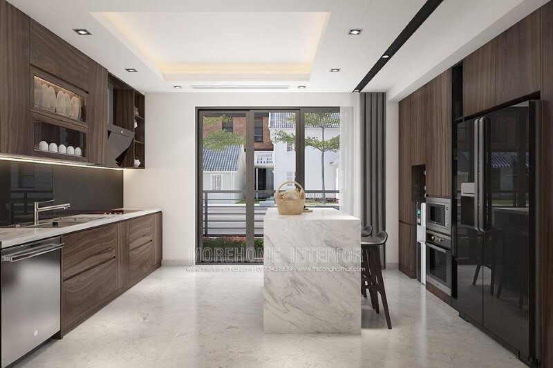 Bố trí phòng bếp cho nhà phố, nhà liền kề, biệt thự phố ấn tượng với nội thất gỗ cao cấp.