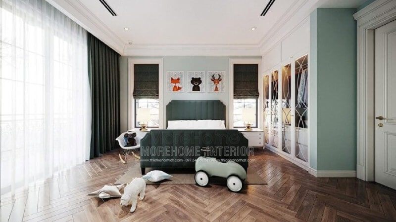 Giường ngủ cho bé trai đẹp với thiết kế bọc nệm độc đáo cùng sắc xanh ấn tượng tạo điểm nhấn nổi bật cho toàn bộ không gian.