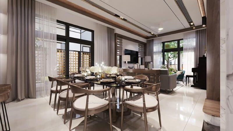 Mẫu bàn ghế phòng ăn tân cổ điển được thiết kế bằng khung gỗ óc cho sang trọng, đẳng cấp